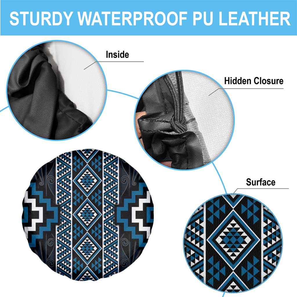 Azure Tukutuku Pattern Aotearoa Spare Tire Cover Niho Taniwha and Puhoro Motifs