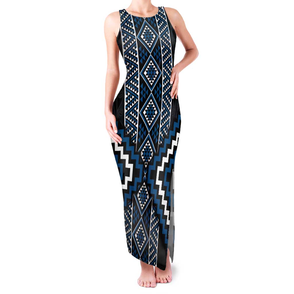 Azure Tukutuku Pattern Aotearoa Tank Maxi Dress Niho Taniwha and Puhoro Motifs LT7 Women Blue - Polynesian Pride