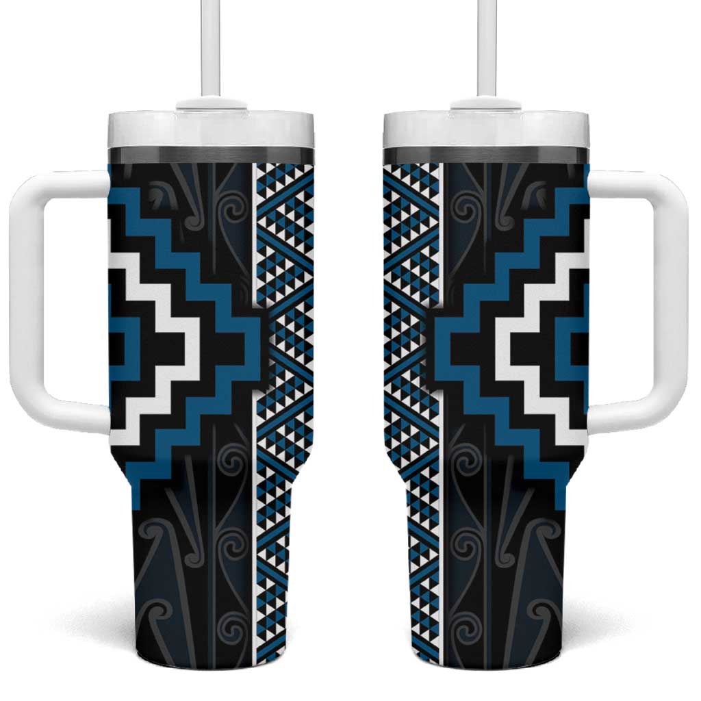 Azure Tukutuku Pattern Aotearoa Tumbler With Handle Niho Taniwha and Puhoro Motifs LT7 One Size: 40 oz Blue - Polynesian Pride