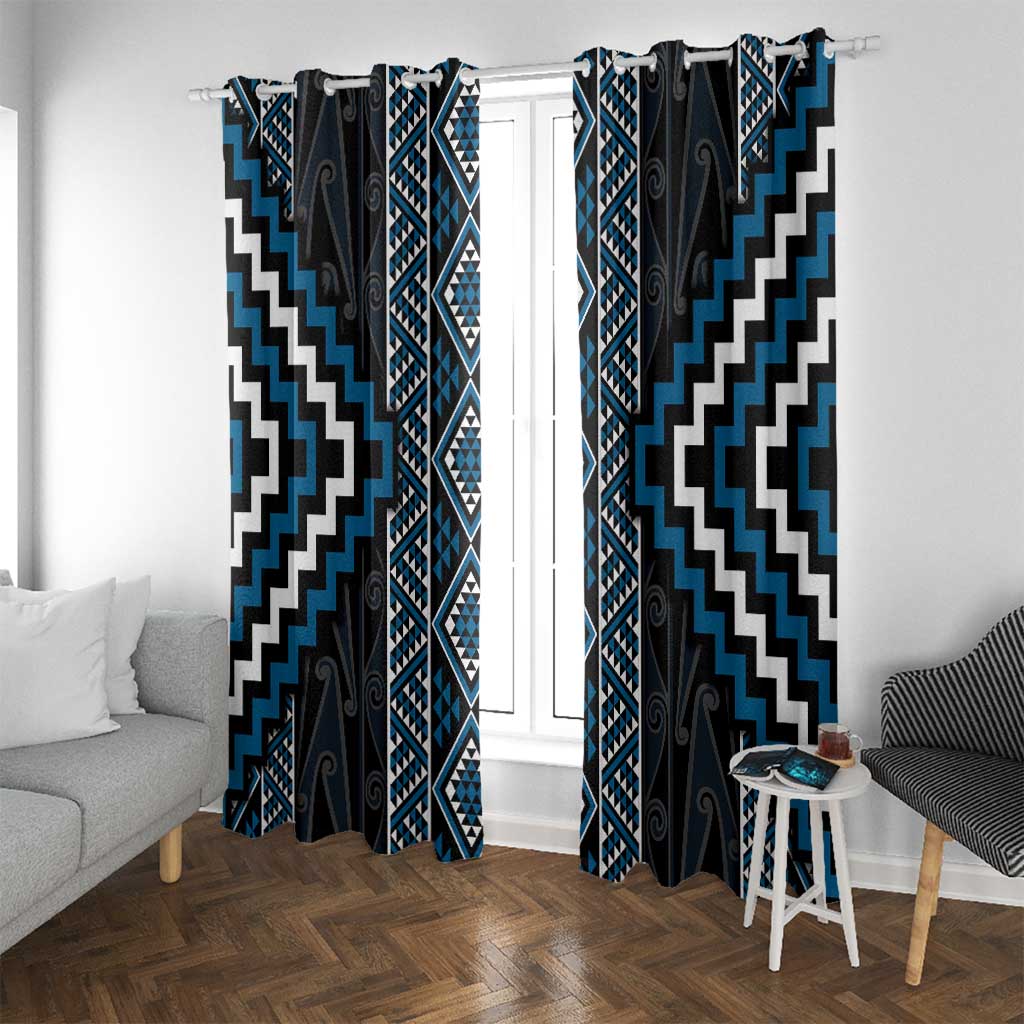 Azure Tukutuku Pattern Aotearoa Window Curtain Niho Taniwha and Puhoro Motifs LT7 With Grommets Blue - Polynesian Pride
