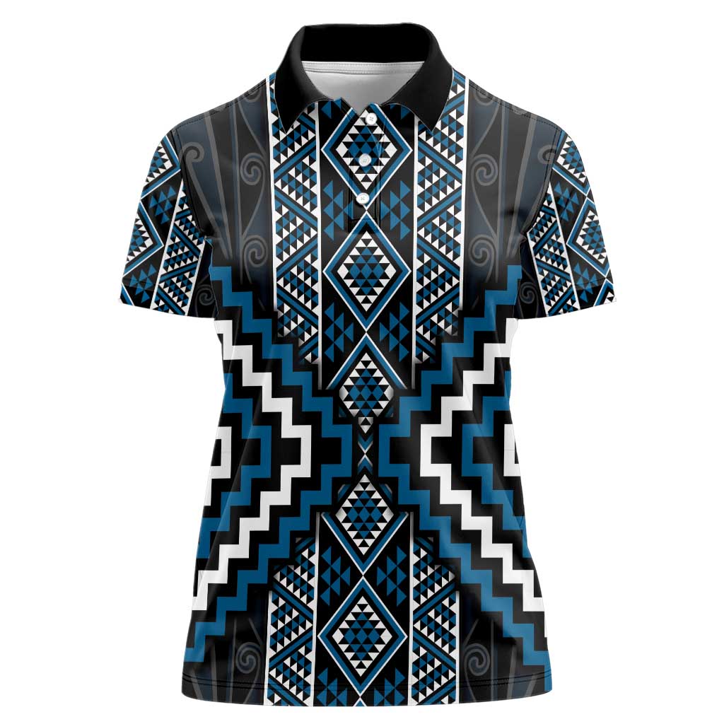 Azure Tukutuku Pattern Aotearoa Women Polo Shirt Niho Taniwha and Puhoro Motifs