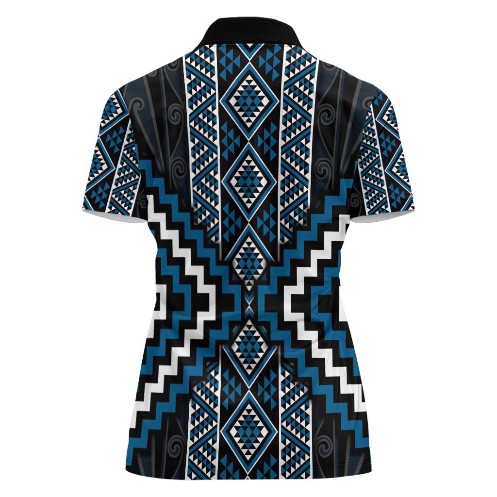 Azure Tukutuku Pattern Aotearoa Women Polo Shirt Niho Taniwha and Puhoro Motifs