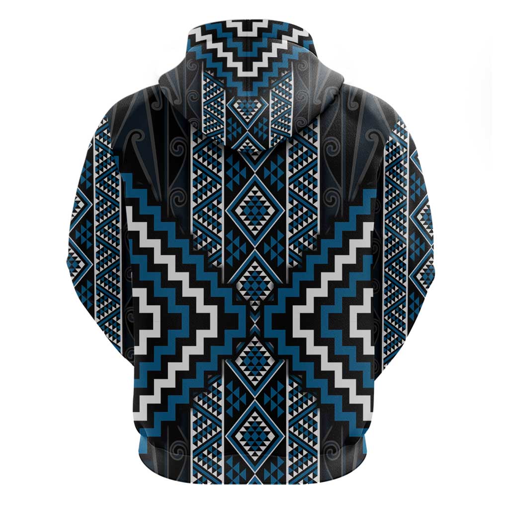 Azure Tukutuku Pattern Aotearoa Zip Hoodie Niho Taniwha and Puhoro Motifs