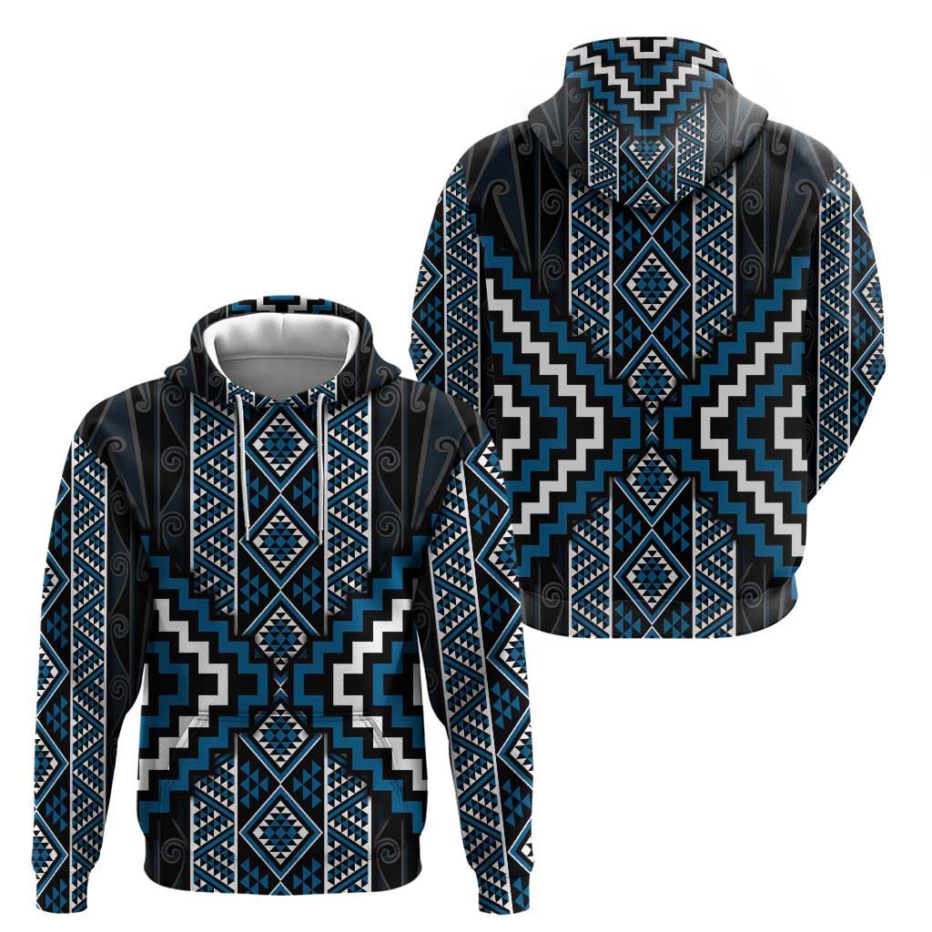 Azure Tukutuku Pattern Aotearoa Zip Hoodie Niho Taniwha and Puhoro Motifs