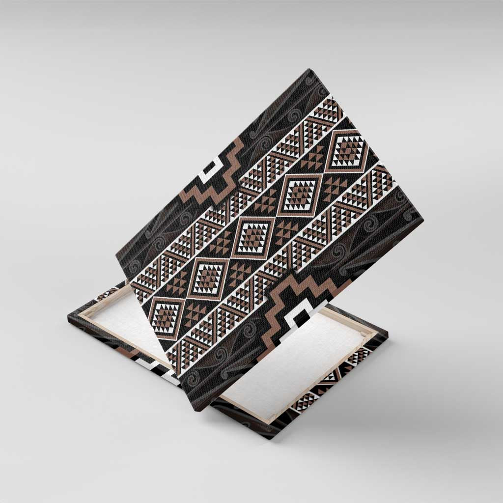 Classic Tukutuku Pattern Aotearoa Canvas Wall Art Niho Taniwha and Puhoro Motifs LT7 With Frame Brown - Polynesian Pride