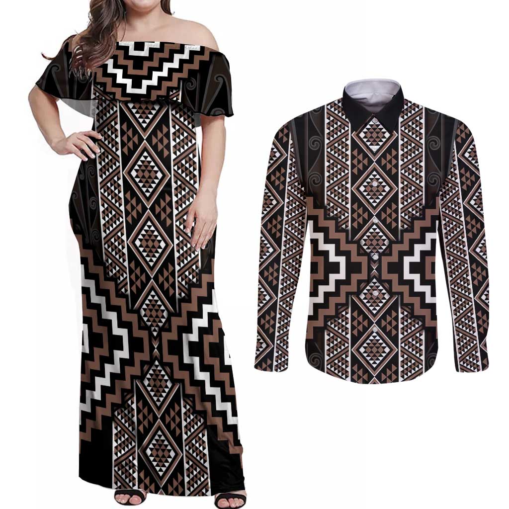 Classic Tukutuku Pattern Aotearoa Couples Matching Off Shoulder Maxi Dress and Long Sleeve Button Shirt Niho Taniwha and Puhoro Motifs