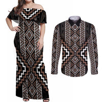 Classic Tukutuku Pattern Aotearoa Couples Matching Off Shoulder Maxi Dress and Long Sleeve Button Shirt Niho Taniwha and Puhoro Motifs