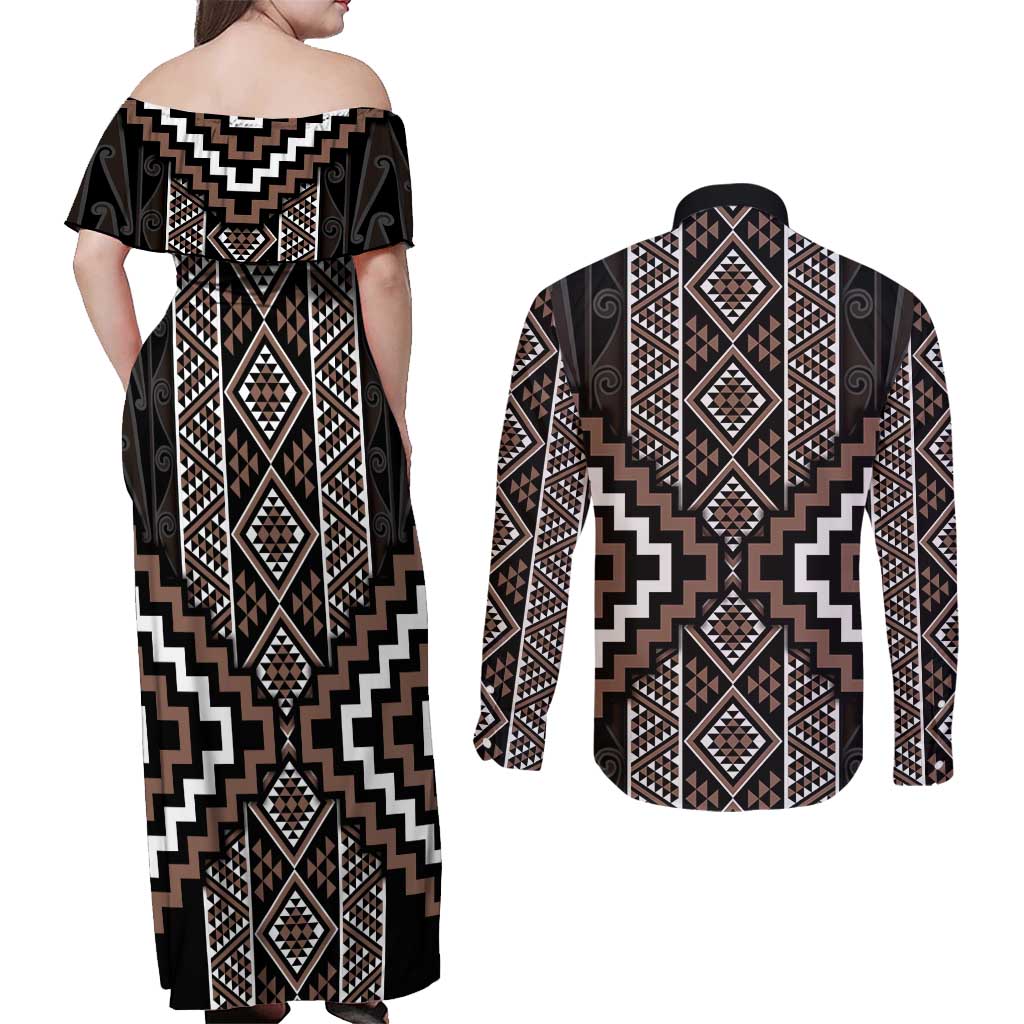 Classic Tukutuku Pattern Aotearoa Couples Matching Off Shoulder Maxi Dress and Long Sleeve Button Shirt Niho Taniwha and Puhoro Motifs