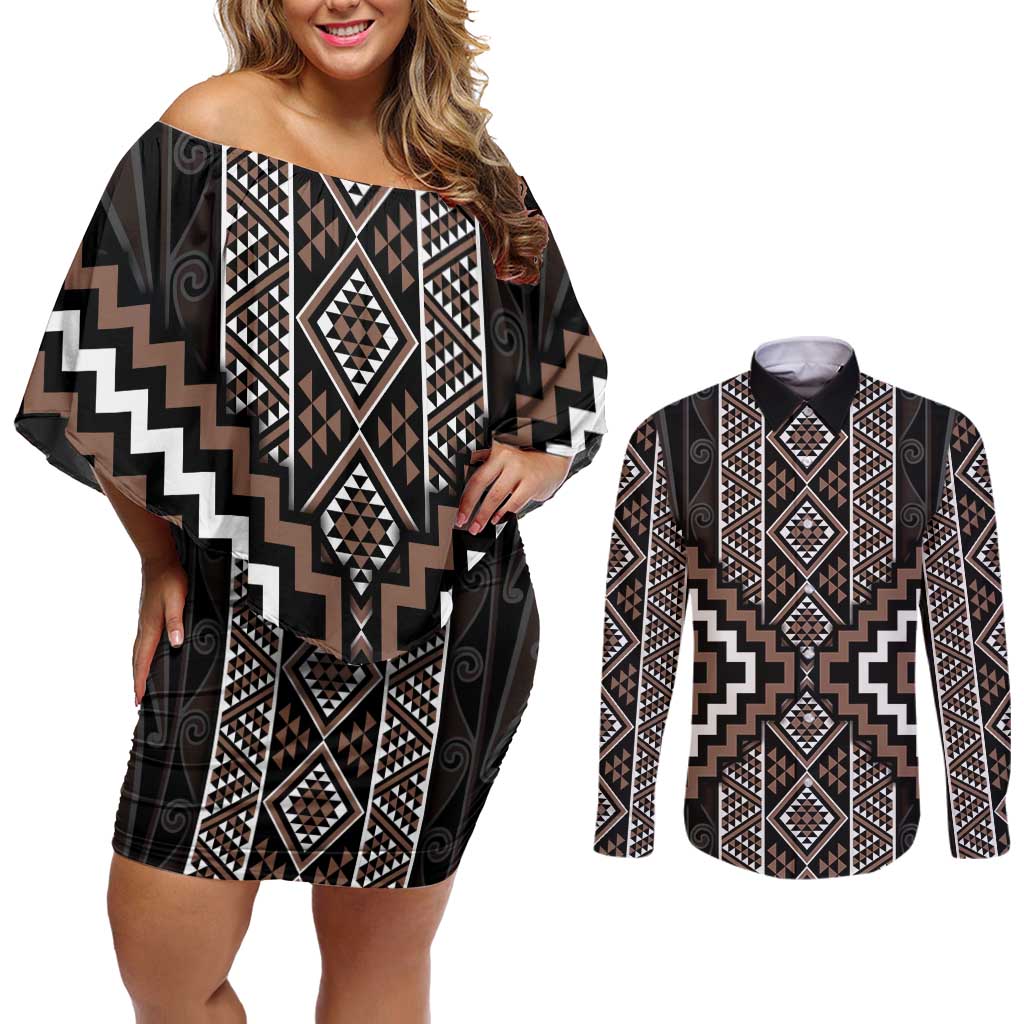 Classic Tukutuku Pattern Aotearoa Couples Matching Off Shoulder Short Dress and Long Sleeve Button Shirt Niho Taniwha and Puhoro Motifs