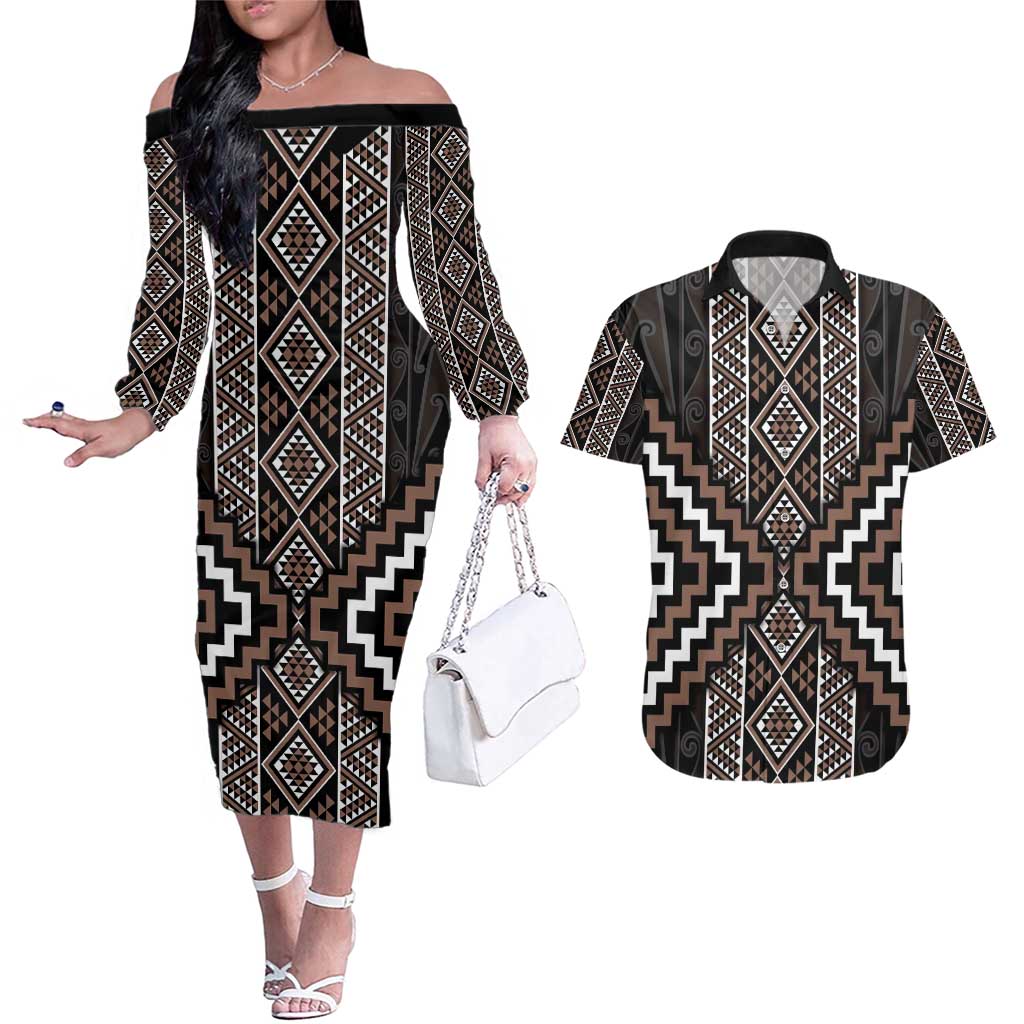 Classic Tukutuku Pattern Aotearoa Couples Matching Off The Shoulder Long Sleeve Dress and Hawaiian Shirt Niho Taniwha and Puhoro Motifs