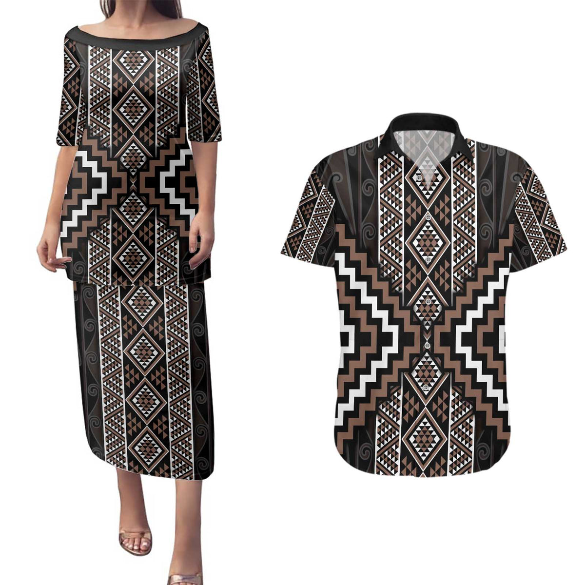 Classic Tukutuku Pattern Aotearoa Couples Matching Puletasi and Hawaiian Shirt Niho Taniwha and Puhoro Motifs LT7 Brown - Polynesian Pride