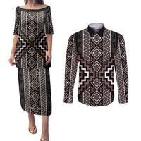 Classic Tukutuku Pattern Aotearoa Couples Matching Puletasi and Long Sleeve Button Shirt Niho Taniwha and Puhoro Motifs LT7 Brown - Polynesian Pride