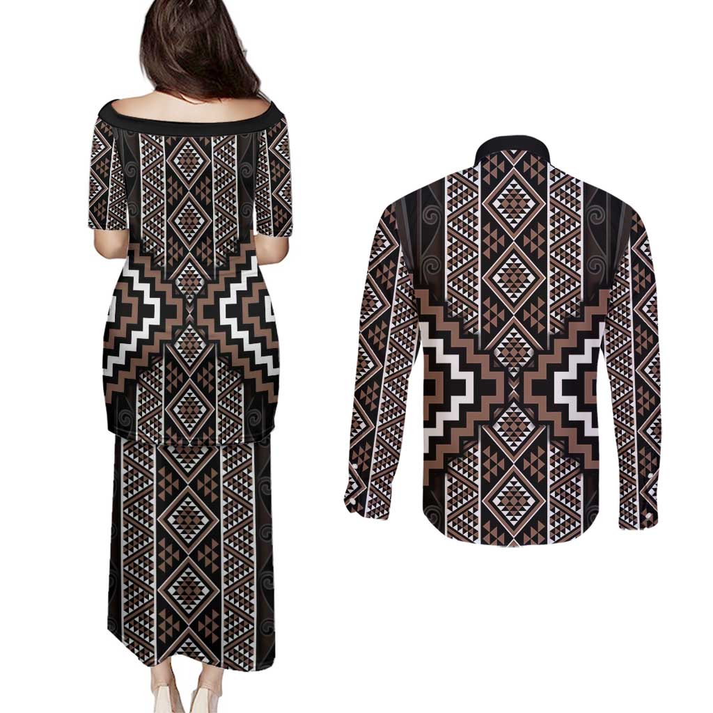 Classic Tukutuku Pattern Aotearoa Couples Matching Puletasi and Long Sleeve Button Shirt Niho Taniwha and Puhoro Motifs LT7 - Polynesian Pride
