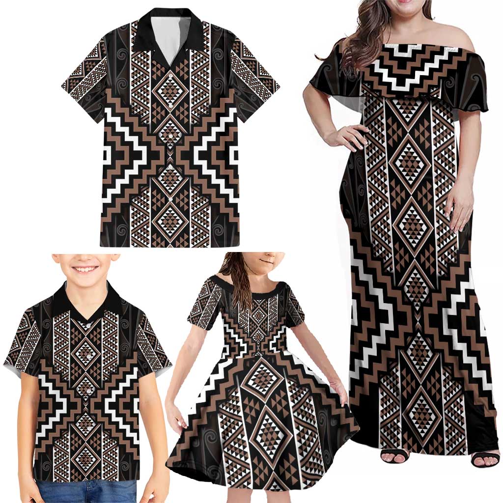 Classic Tukutuku Pattern Aotearoa Family Matching Off Shoulder Maxi Dress and Hawaiian Shirt Niho Taniwha and Puhoro Motifs