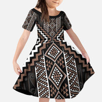 Classic Tukutuku Pattern Aotearoa Kid Short Sleeve Dress Niho Taniwha and Puhoro Motifs