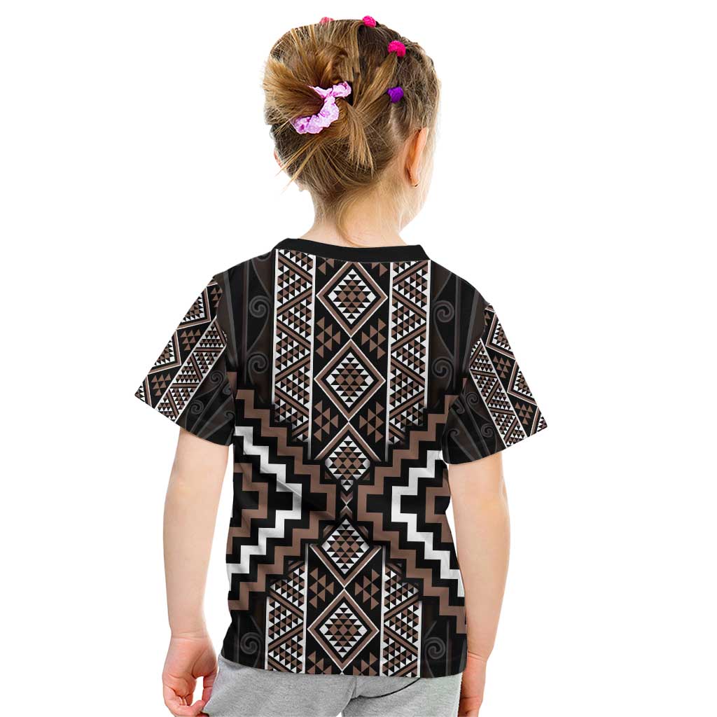 Classic Tukutuku Pattern Aotearoa Kid T Shirt Niho Taniwha and Puhoro Motifs