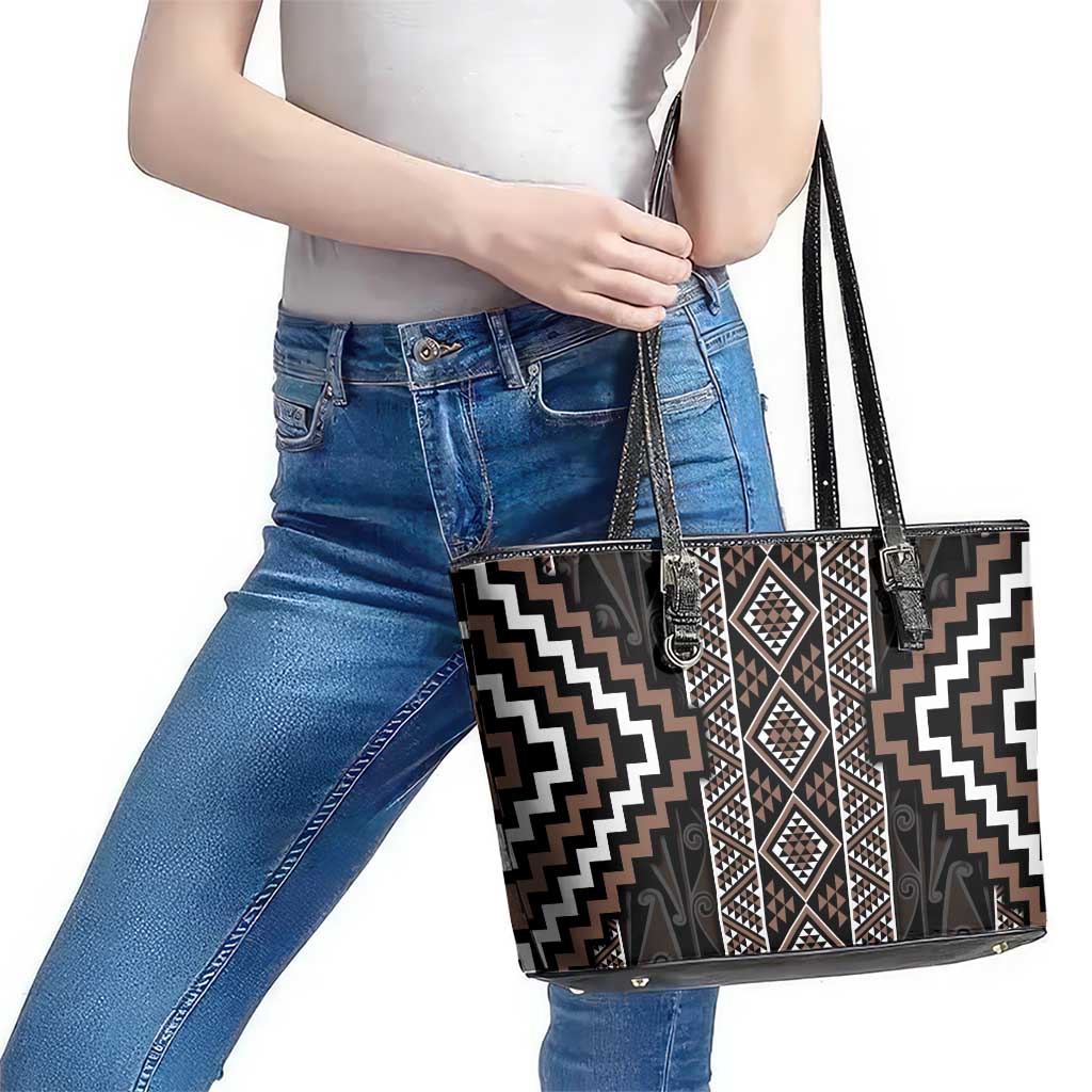 Classic Tukutuku Pattern Aotearoa Leather Tote Bag Niho Taniwha and Puhoro Motifs