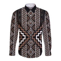 Classic Tukutuku Pattern Aotearoa Long Sleeve Button Shirt Niho Taniwha and Puhoro Motifs LT7 Unisex Brown - Polynesian Pride
