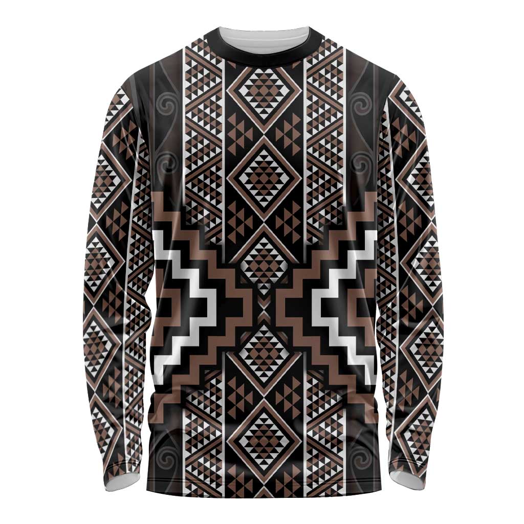 Classic Tukutuku Pattern Aotearoa Long Sleeve Shirt Niho Taniwha and Puhoro Motifs LT7 Unisex Brown - Polynesian Pride
