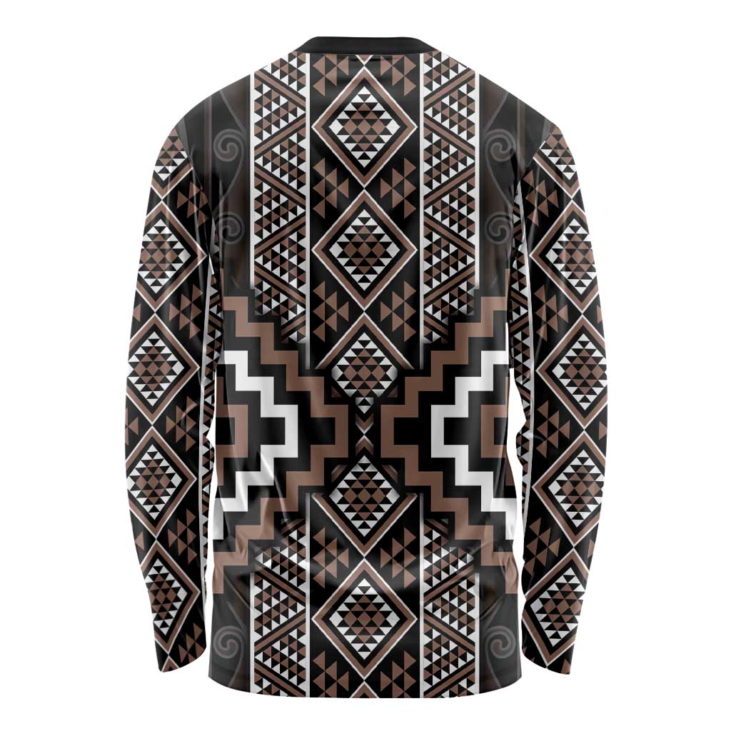 Classic Tukutuku Pattern Aotearoa Long Sleeve Shirt Niho Taniwha and Puhoro Motifs LT7 - Polynesian Pride