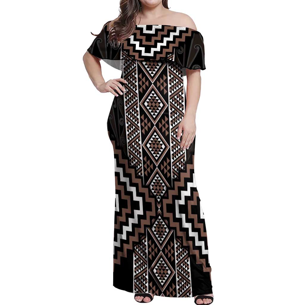 Classic Tukutuku Pattern Aotearoa Off Shoulder Maxi Dress Niho Taniwha and Puhoro Motifs LT7 Women Brown - Polynesian Pride