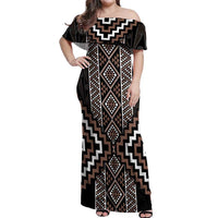 Classic Tukutuku Pattern Aotearoa Off Shoulder Maxi Dress Niho Taniwha and Puhoro Motifs LT7 Women Brown - Polynesian Pride