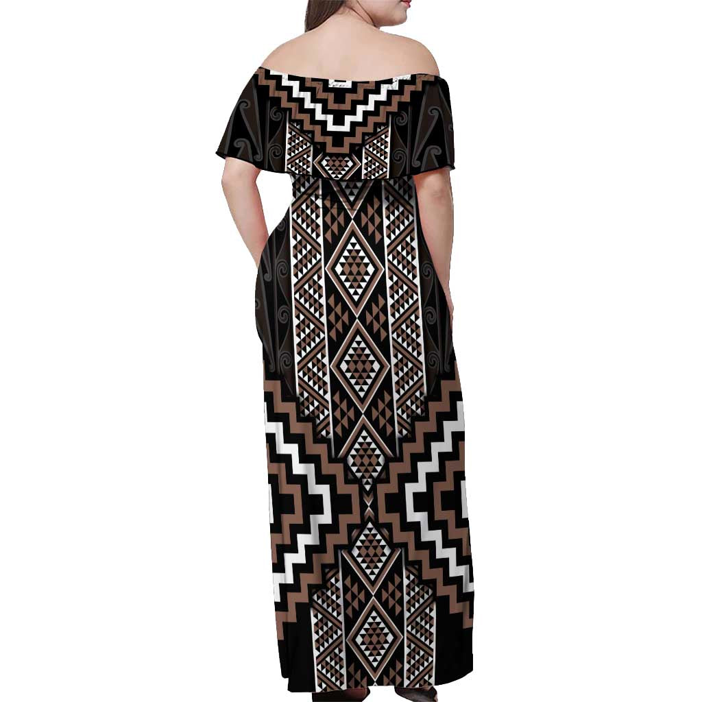Classic Tukutuku Pattern Aotearoa Off Shoulder Maxi Dress Niho Taniwha and Puhoro Motifs LT7 - Polynesian Pride