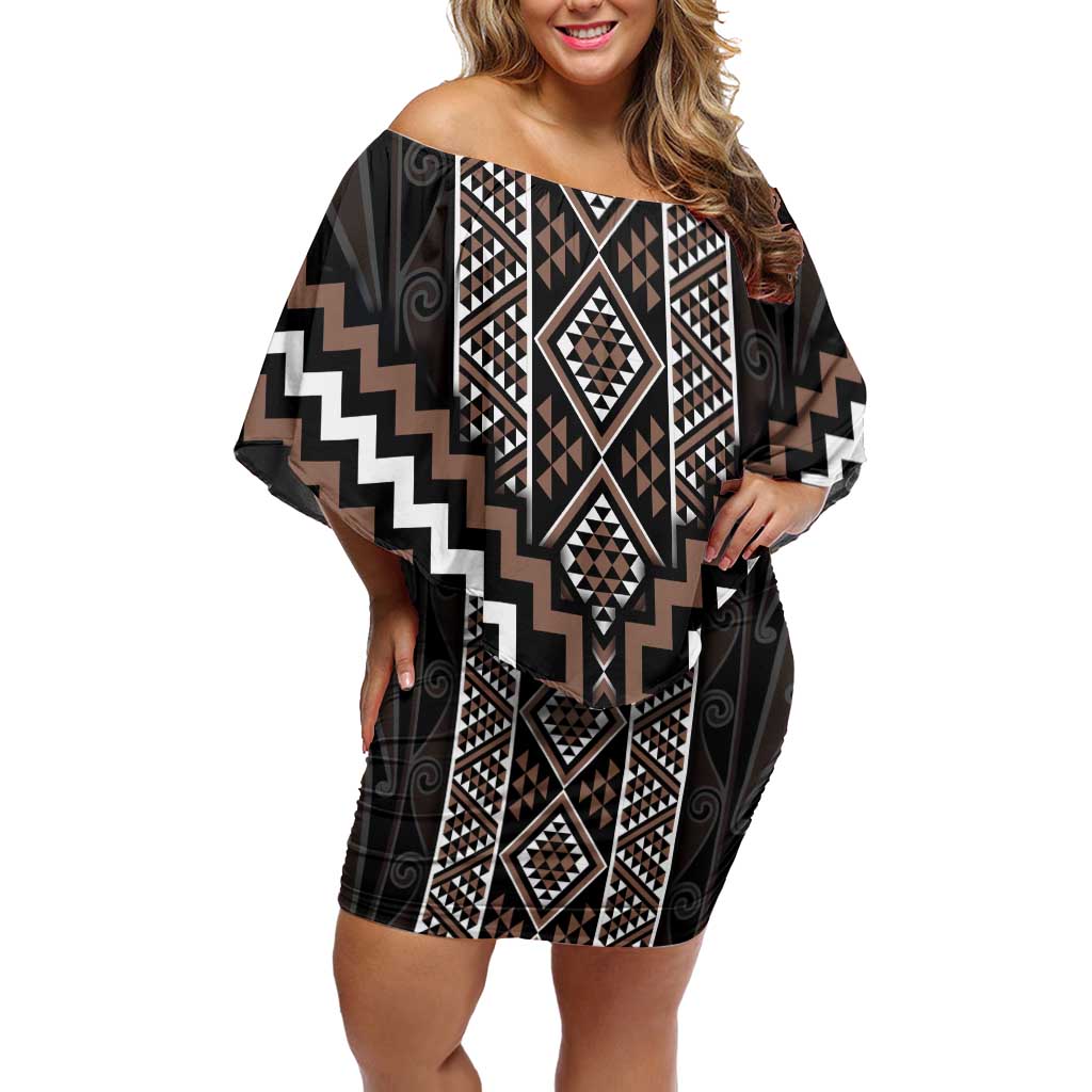 Classic Tukutuku Pattern Aotearoa Off Shoulder Short Dress Niho Taniwha and Puhoro Motifs LT7 Women Brown - Polynesian Pride