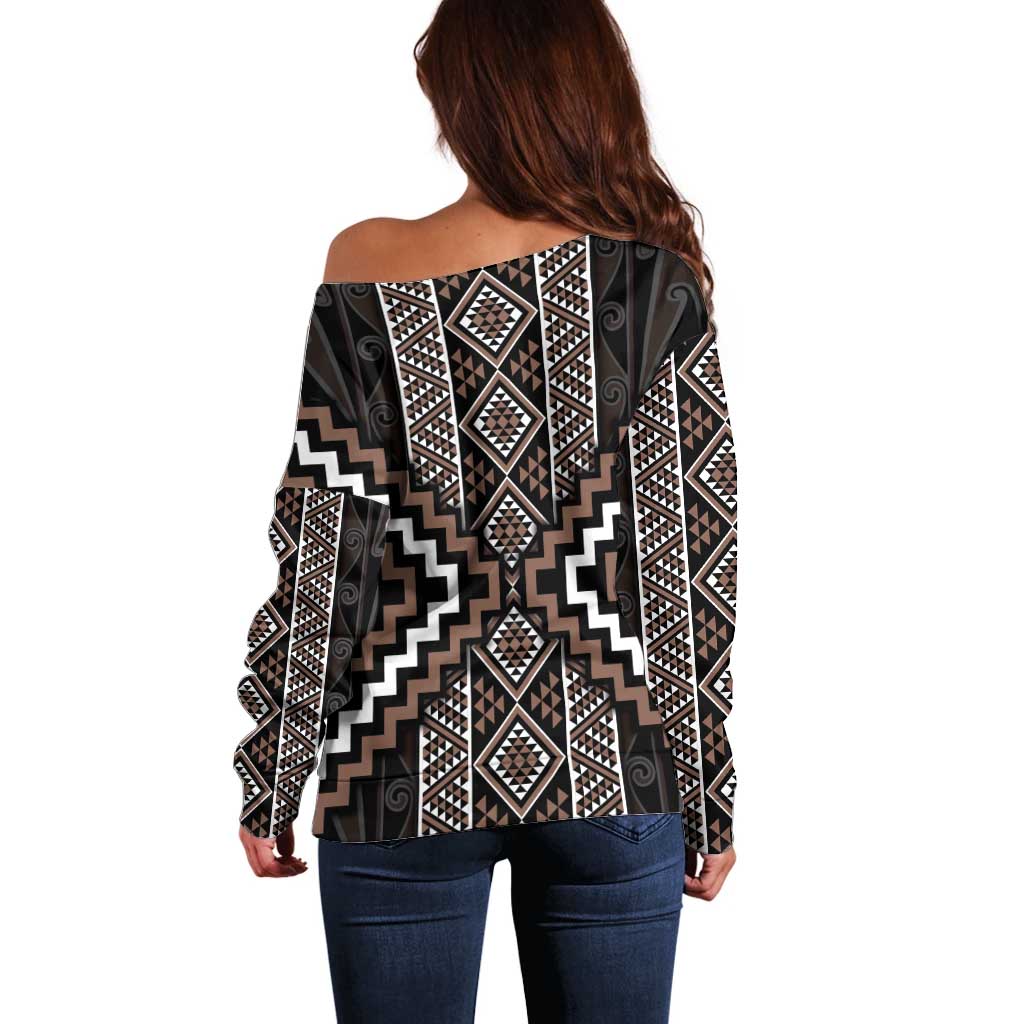 Classic Tukutuku Pattern Aotearoa Off Shoulder Sweater Niho Taniwha and Puhoro Motifs