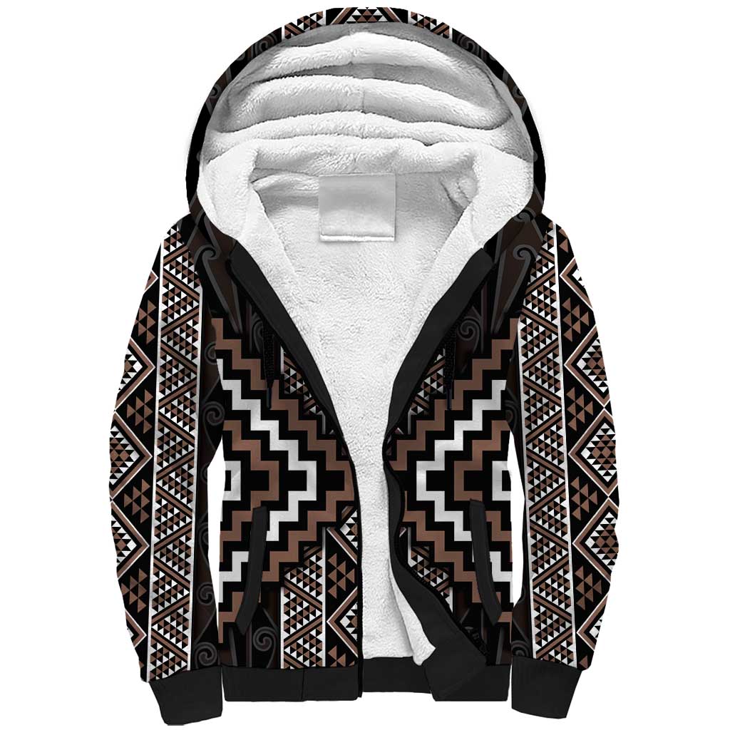 Classic Tukutuku Pattern Aotearoa Sherpa Hoodie Niho Taniwha and Puhoro Motifs LT7 Unisex Brown - Polynesian Pride