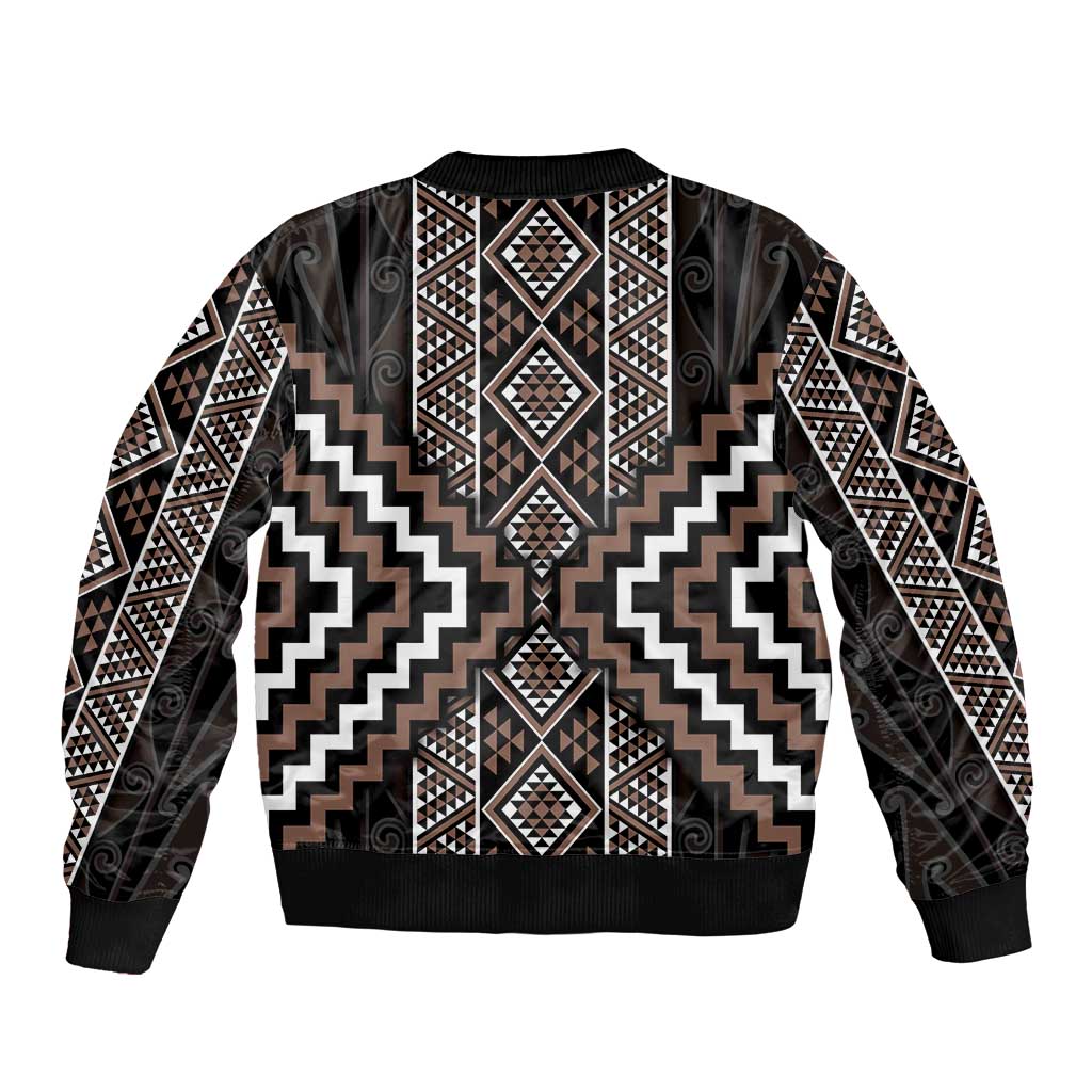 Classic Tukutuku Pattern Aotearoa Sleeve Zip Bomber Jacket Niho Taniwha and Puhoro Motifs
