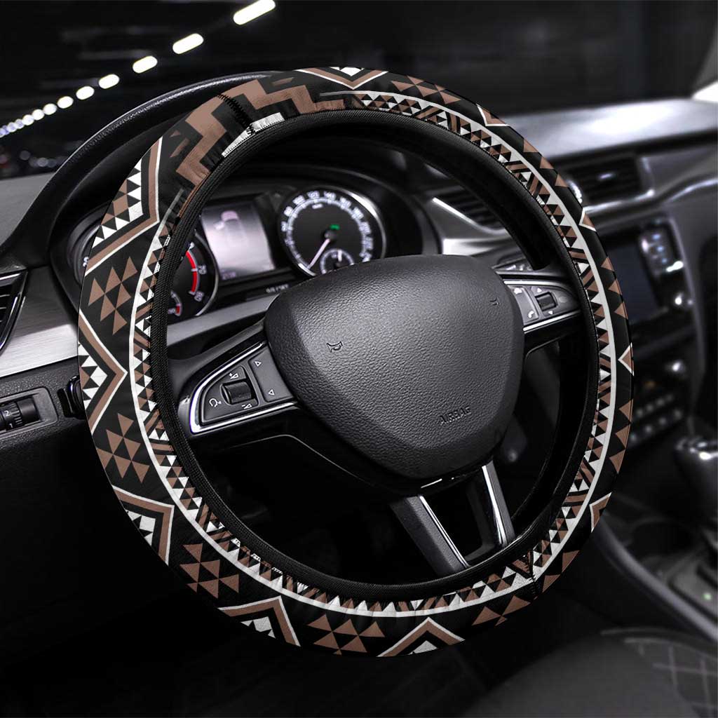 Classic Tukutuku Pattern Aotearoa Steering Wheel Cover Niho Taniwha and Puhoro Motifs LT7 Universal Fit Brown - Polynesian Pride