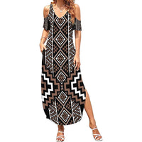 Classic Tukutuku Pattern Aotearoa Summer Maxi Dress Niho Taniwha and Puhoro Motifs LT7 Women Brown - Polynesian Pride