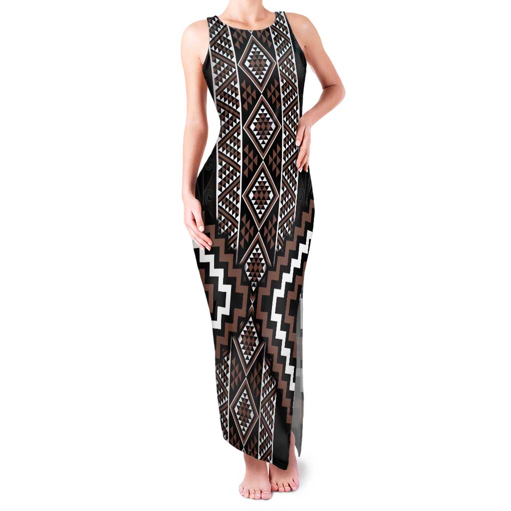 Classic Tukutuku Pattern Aotearoa Tank Maxi Dress Niho Taniwha and Puhoro Motifs LT7 Women Brown - Polynesian Pride
