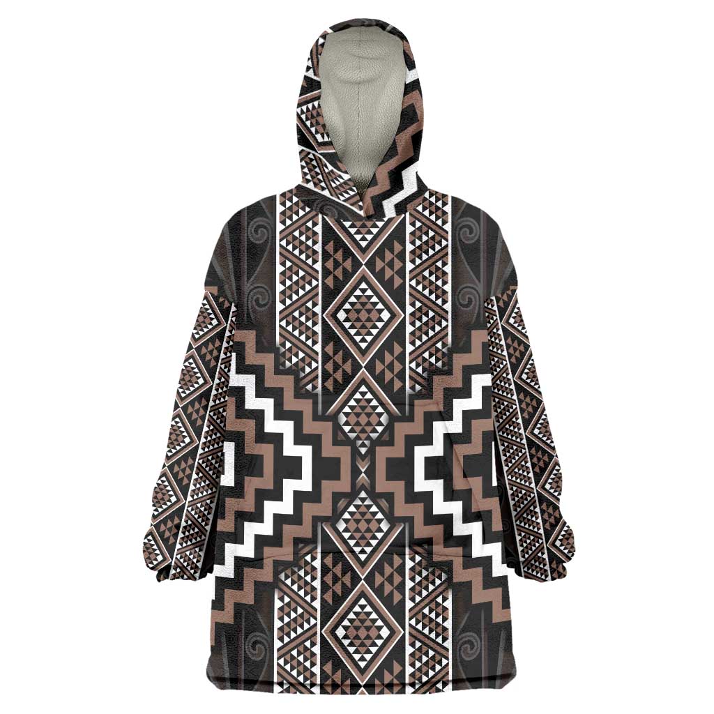 Classic Tukutuku Pattern Aotearoa Wearable Blanket Hoodie Niho Taniwha and Puhoro Motifs LT7 One Size Brown - Polynesian Pride