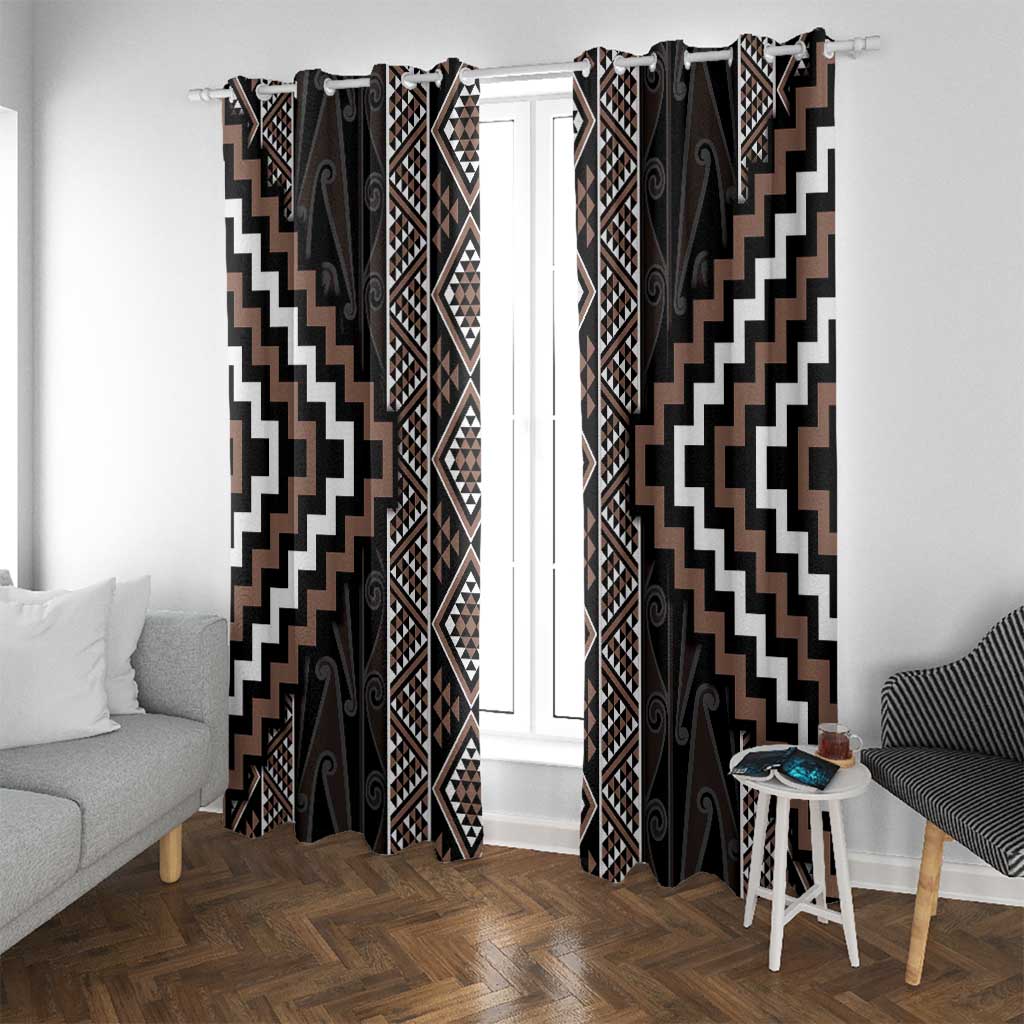 Classic Tukutuku Pattern Aotearoa Window Curtain Niho Taniwha and Puhoro Motifs LT7 With Grommets Brown - Polynesian Pride