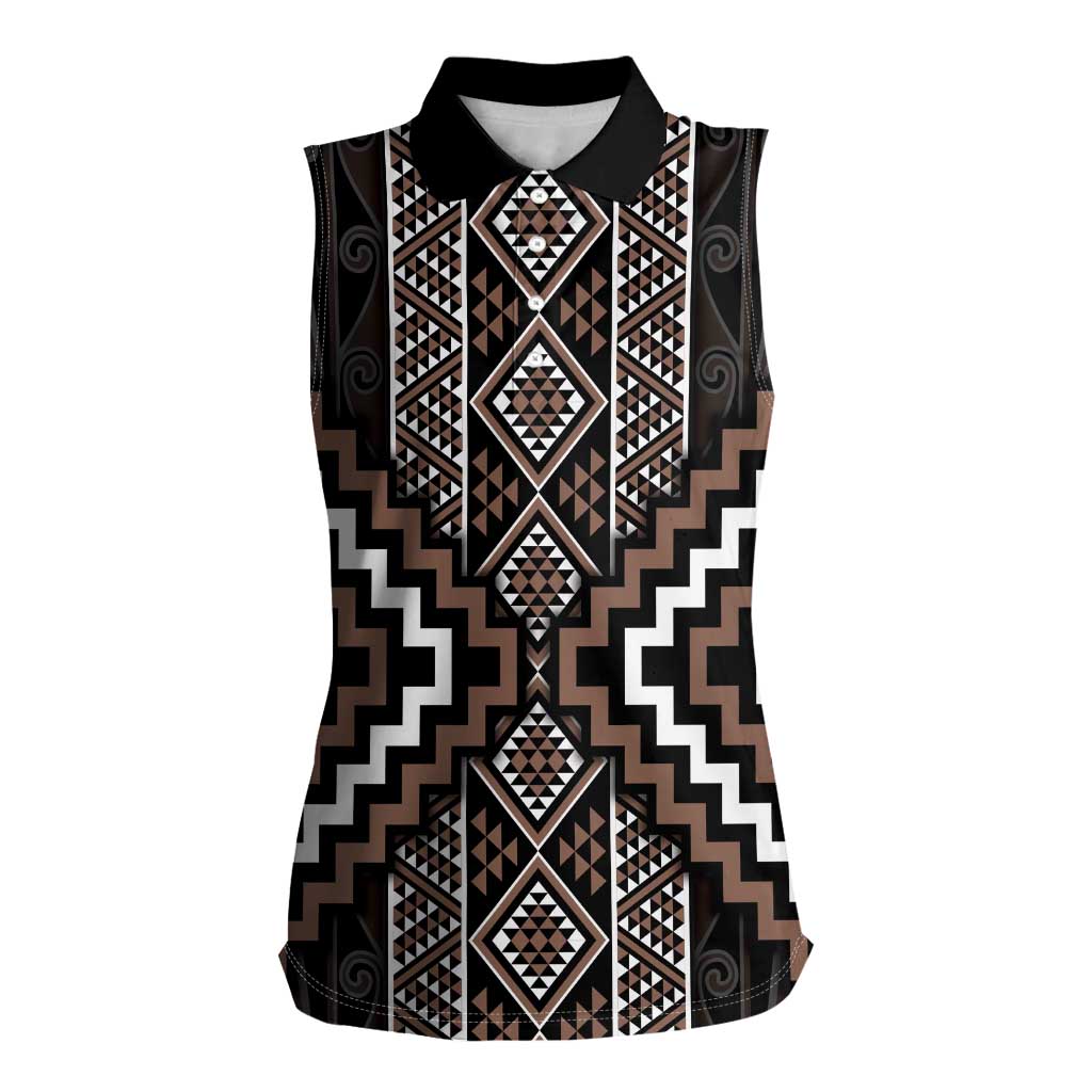 Classic Tukutuku Pattern Aotearoa Women Sleeveless Polo Shirt Niho Taniwha and Puhoro Motifs