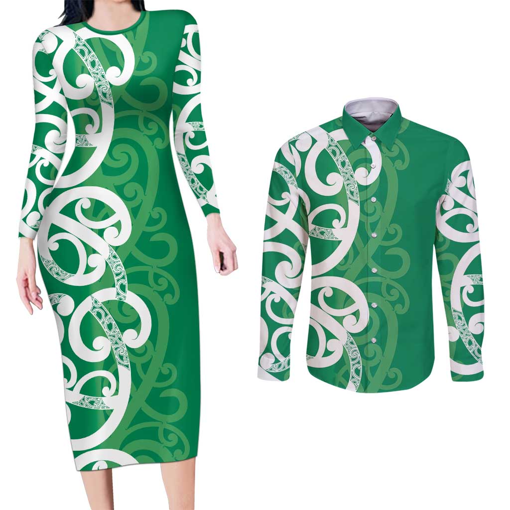 Pounamu Green Maori Couples Matching Long Sleeve Bodycon Dress and Long Sleeve Button Shirt Koru Kowhaiwhai - Polynesian Pride