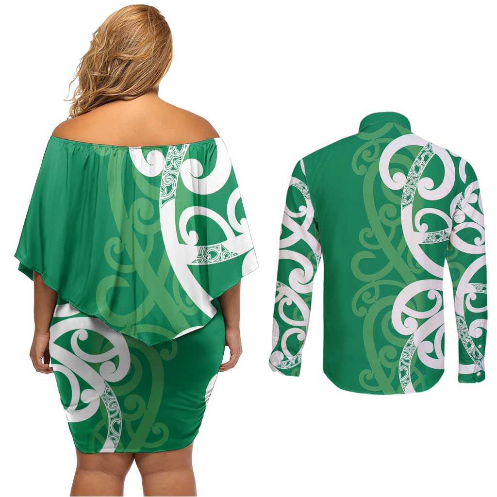 Pounamu Green Maori Couples Matching Off Shoulder Short Dress and Long Sleeve Button Shirt Koru Kowhaiwhai - Polynesian Pride