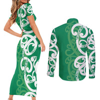 Pounamu Green Maori Couples Matching Short Sleeve Bodycon Dress and Long Sleeve Button Shirt Koru Kowhaiwhai - Polynesian Pride