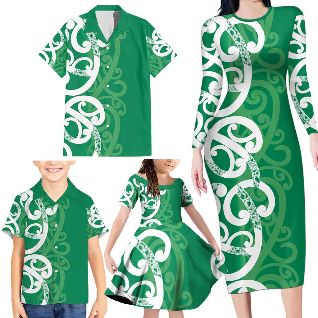 Pounamu Green Maori Family Matching Long Sleeve Bodycon Dress and Hawaiian Shirt Koru Kowhaiwhai - Polynesian Pride