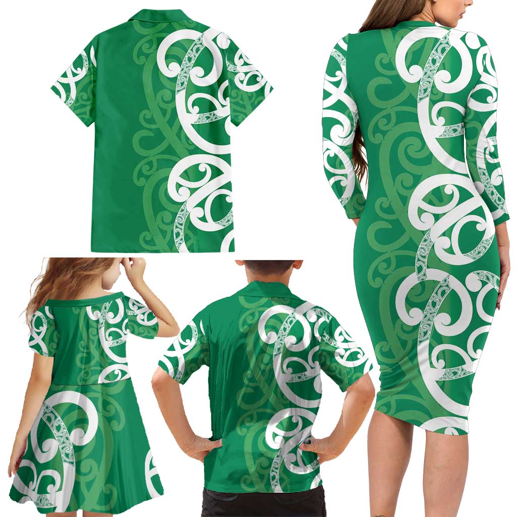 Pounamu Green Maori Family Matching Long Sleeve Bodycon Dress and Hawaiian Shirt Koru Kowhaiwhai - Polynesian Pride