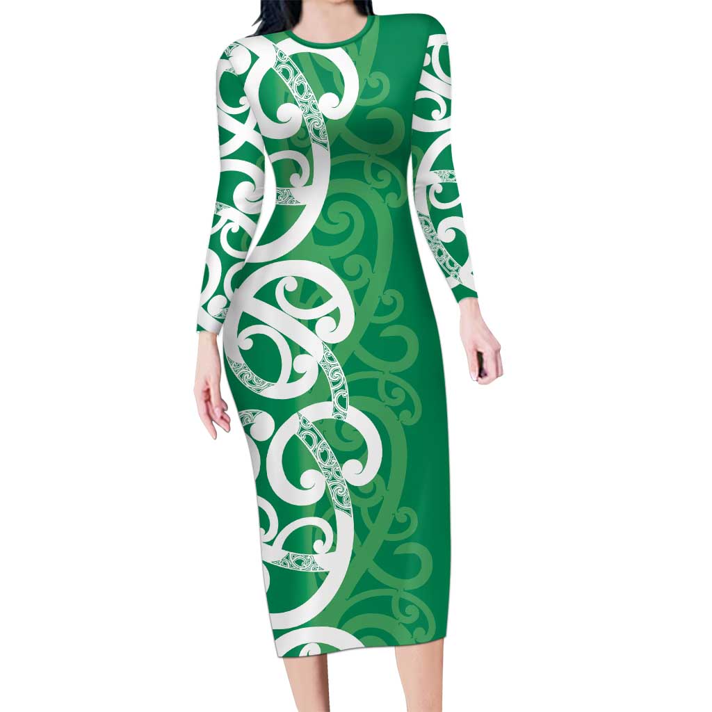 Pounamu Green Maori Family Matching Long Sleeve Bodycon Dress and Hawaiian Shirt Koru Kowhaiwhai - Polynesian Pride