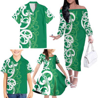 Pounamu Green Maori Family Matching Off The Shoulder Long Sleeve Dress and Hawaiian Shirt Koru Kowhaiwhai - Polynesian Pride