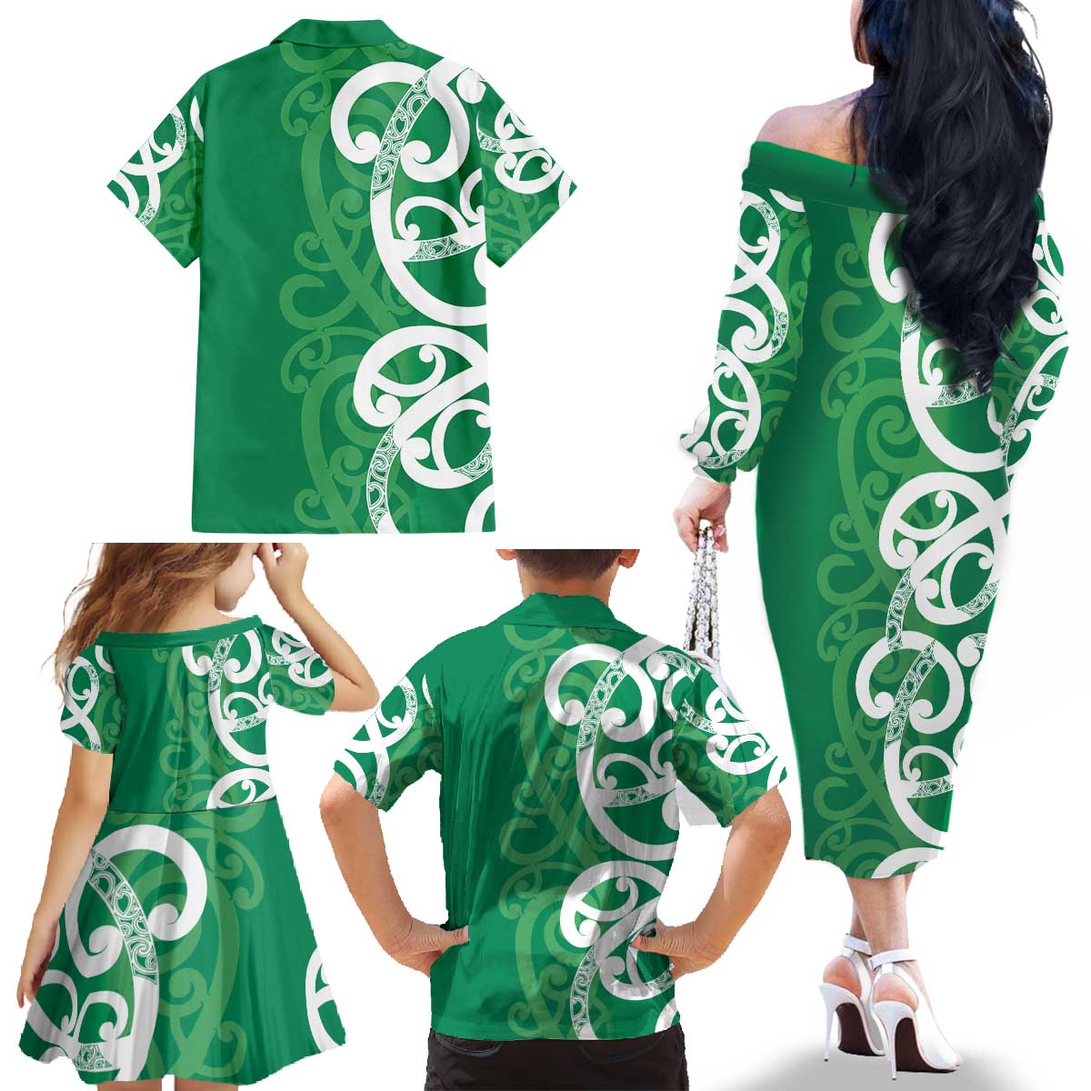 Pounamu Green Maori Family Matching Off The Shoulder Long Sleeve Dress and Hawaiian Shirt Koru Kowhaiwhai - Polynesian Pride