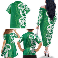 Pounamu Green Maori Family Matching Off The Shoulder Long Sleeve Dress and Hawaiian Shirt Koru Kowhaiwhai - Polynesian Pride