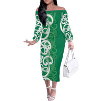 Pounamu Green Maori Family Matching Off The Shoulder Long Sleeve Dress and Hawaiian Shirt Koru Kowhaiwhai - Polynesian Pride