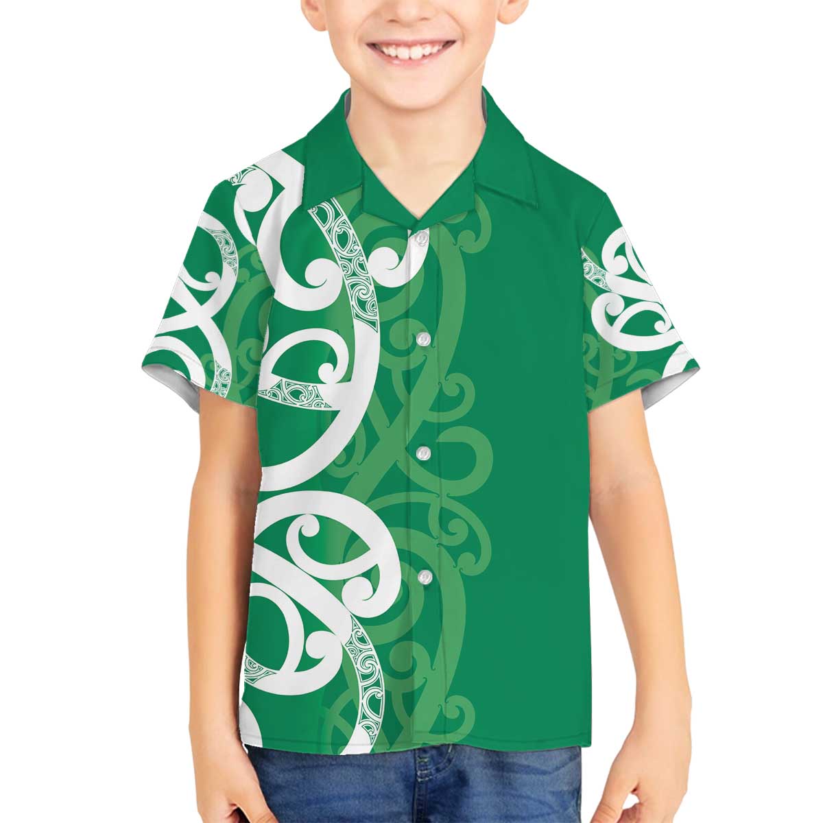 Pounamu Green Maori Family Matching Off The Shoulder Long Sleeve Dress and Hawaiian Shirt Koru Kowhaiwhai - Polynesian Pride