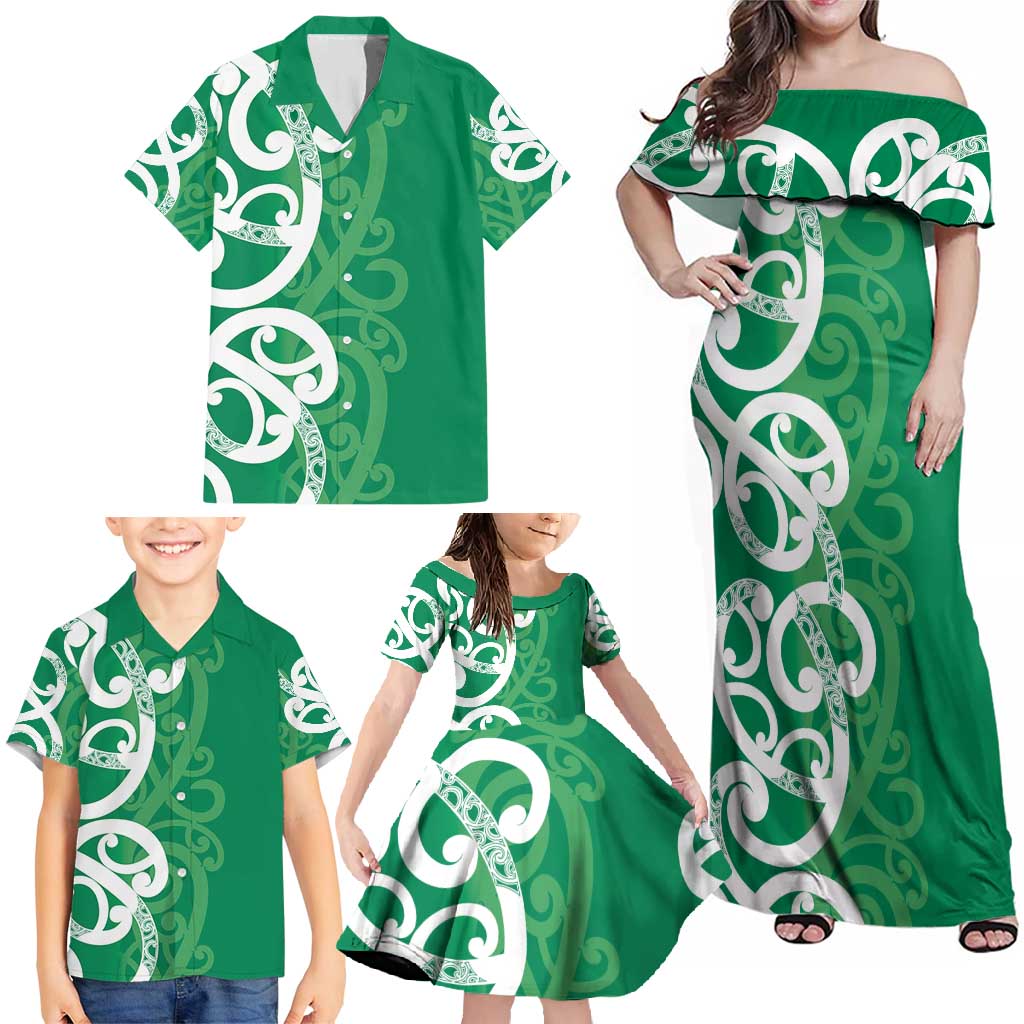 Pounamu Green Maori Family Matching Off Shoulder Maxi Dress and Hawaiian Shirt Koru Kowhaiwhai - Polynesian Pride
