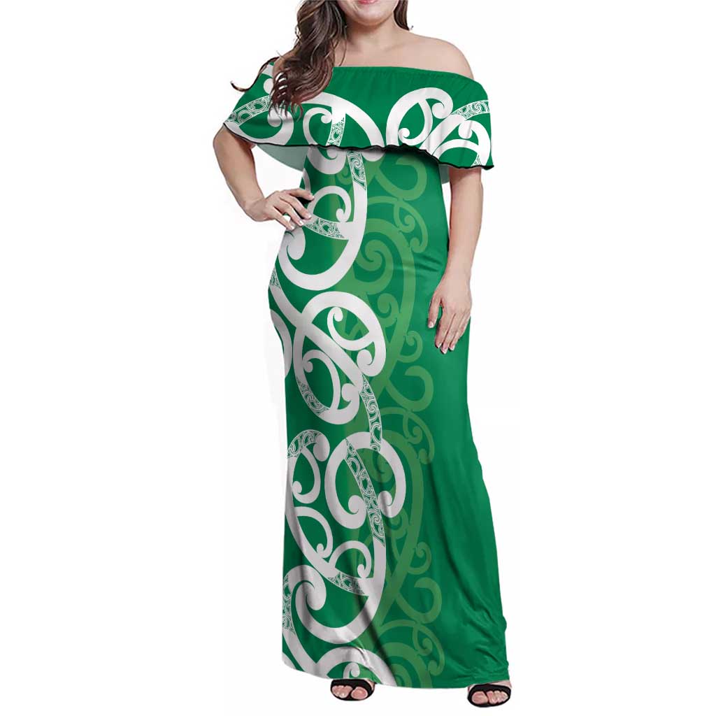 Pounamu Green Maori Family Matching Off Shoulder Maxi Dress and Hawaiian Shirt Koru Kowhaiwhai - Polynesian Pride